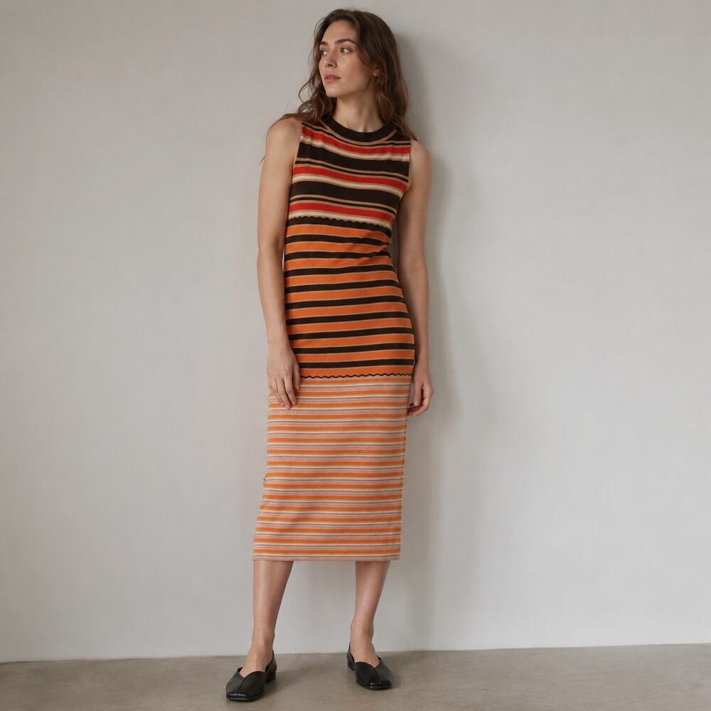 Marni x Uniqlo Brown Merino Wool Blend Striped Orange Knit Midi Dress, size M
